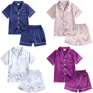 Stock Custom Solid Color Short Sleeve Baby Silk Pajama 2 Pieces Set Kids Satin Pajamas Set