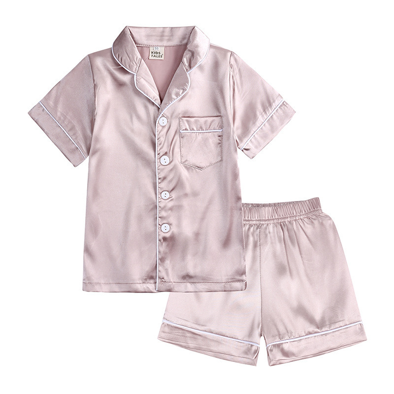 Stock Custom Solid Color Short Sleeve Baby Silk Pajama 2 Pieces Set Kids Satin Pajamas Set