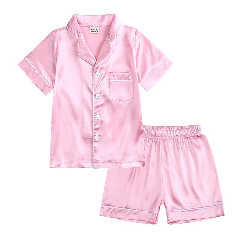 Stock Custom Solid Color Short Sleeve Baby Silk Pajama 2 Pieces Set Kids Satin Pajamas Set