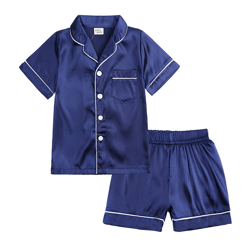 Stock Custom Solid Color Short Sleeve Baby Silk Pajama 2 Pieces Set Kids Satin Pajamas Set