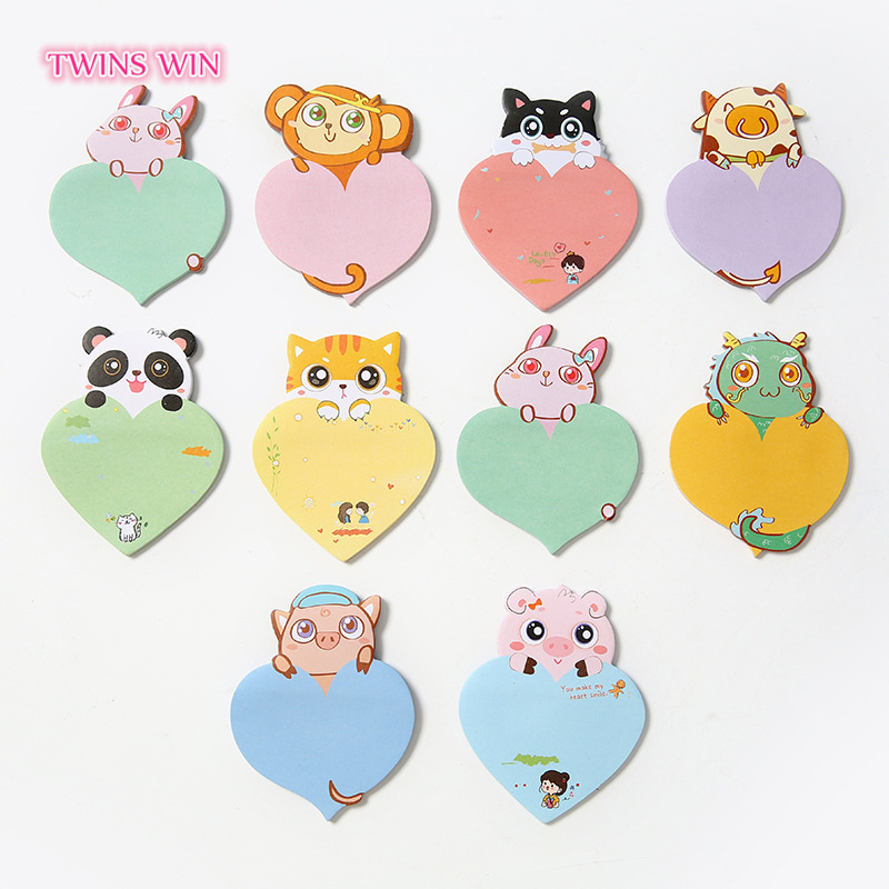 Wholesale cartoon animal sticky notes creative heart shaped Kawaii Memo pads high quality cute note paper 007A