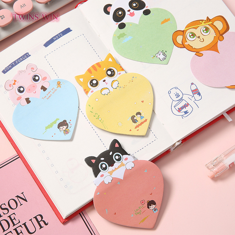 Wholesale cartoon animal sticky notes creative heart shaped Kawaii Memo pads high quality cute note paper 007A