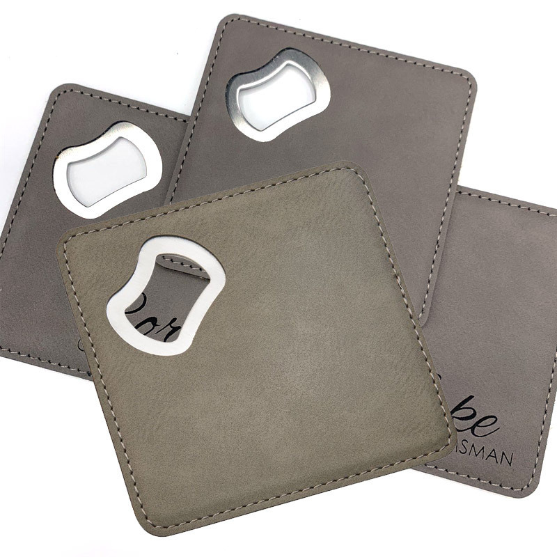 Custom branded logo imprinted PU leather beer bottle opener coaster