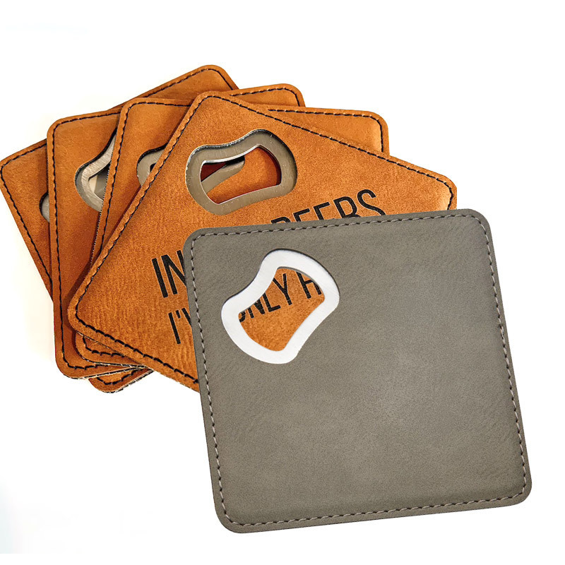 Custom branded logo imprinted PU leather beer bottle opener coaster