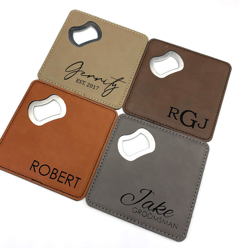 Custom branded logo imprinted PU leather beer bottle opener coaster