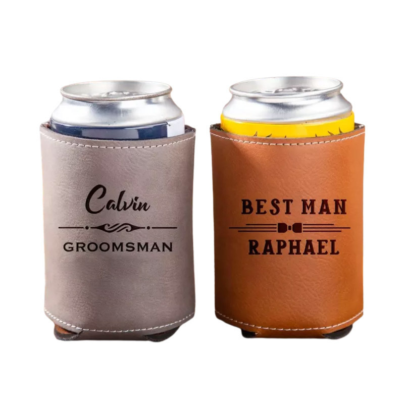 reusable beer holder sleeve custom logo pu leather can cooler