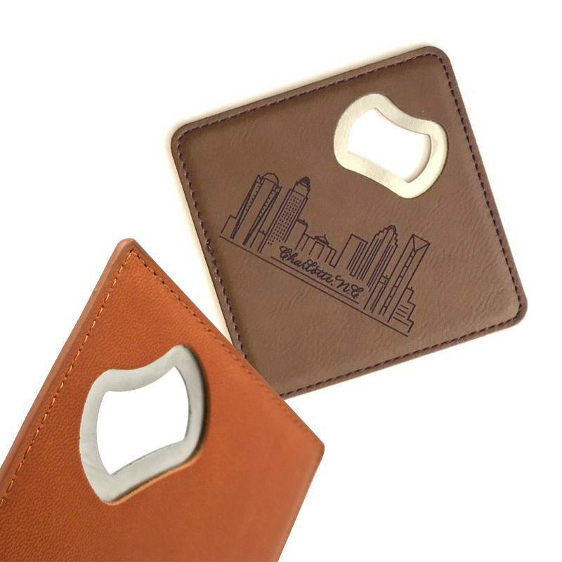 Custom branded logo imprinted PU leather beer bottle opener coaster