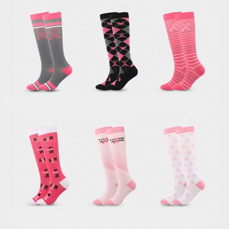 Custom Nylon 15-20 Mmhg Ribbon Pink Long Football Women Breast Cancer Awareness Compression Socks