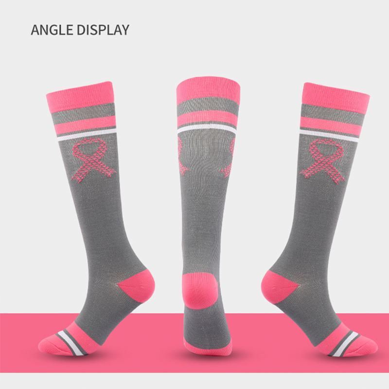 Custom Nylon 15-20 Mmhg Ribbon Pink Long Football Women Breast Cancer Awareness Compression Socks