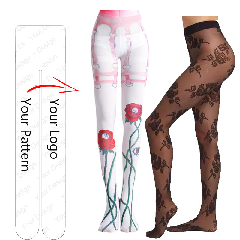 Hot Selling Fashion Ladies Print Rose Flower Customized Size Silk Stockings Pantyhose Women Printed Sexy Flock Free Size Tignts