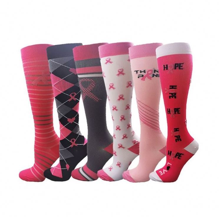 Custom Nylon 15-20 Mmhg Ribbon Pink Long Football Women Breast Cancer Awareness Compression Socks