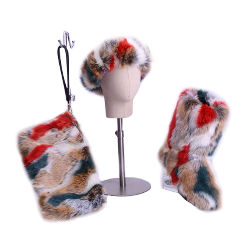 Wholesale price faux raccoon fox furry fur snow winter boots for women ladies matching fur headband purse