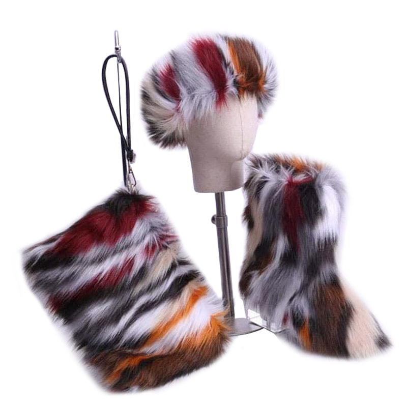 Wholesale price faux raccoon fox furry fur snow winter boots for women ladies matching fur headband purse