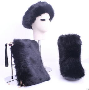 Wholesale price faux raccoon fox furry fur snow winter boots for women ladies matching fur headband purse