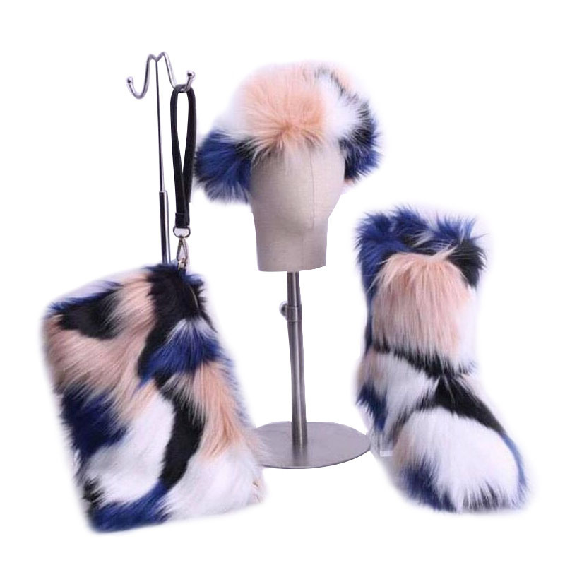 Wholesale price faux raccoon fox furry fur snow winter boots for women ladies matching fur headband purse