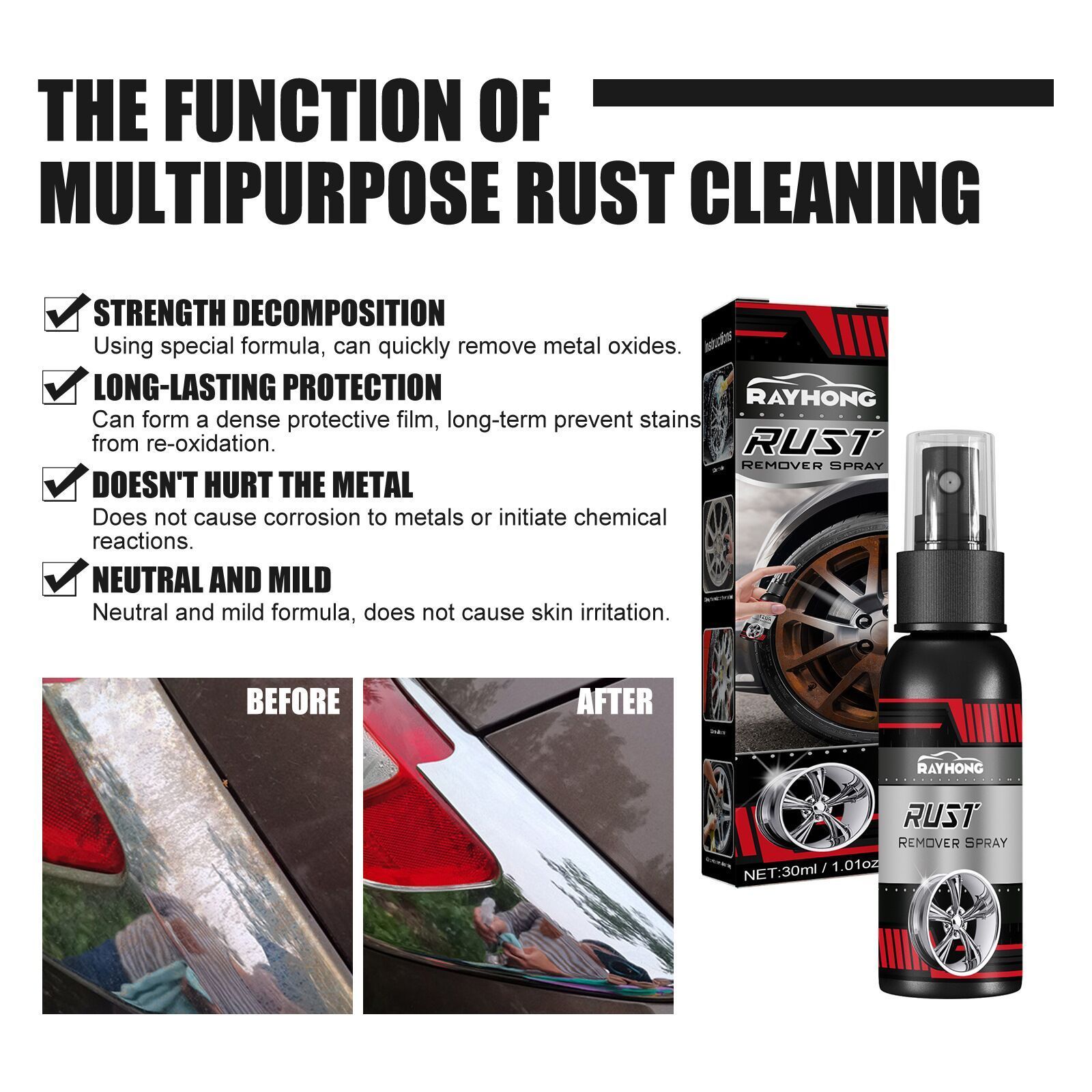 Rayhong car skylight headlight headlight wheels cleaning anti rust oil decontaminating rust conversion agent rust remover spray