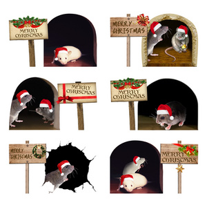 Funny Cute 3D cartoon mouse hole self adhesive wall sticker  christmas homeback ground wall decoration  mouse sticker