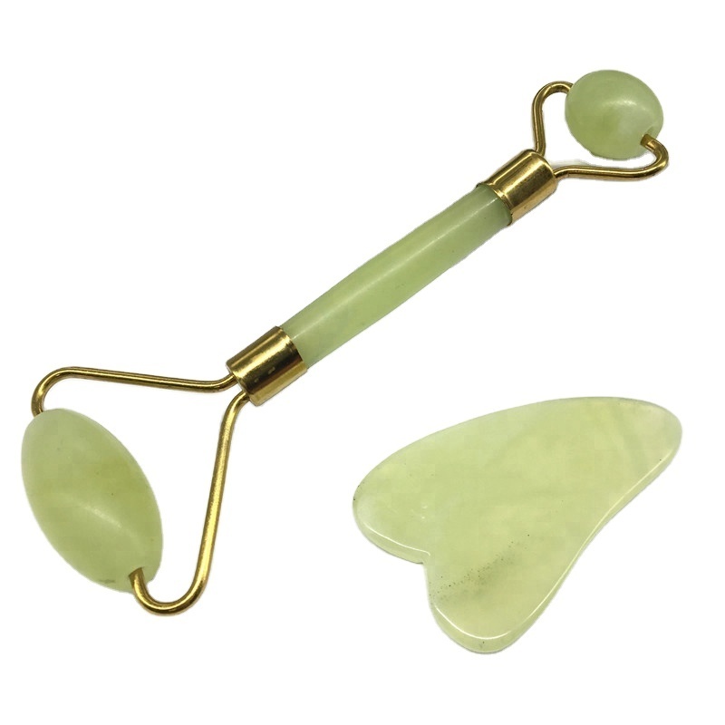 high quality pure crystal facial massager green jade roller and gua sha set beauty massage equipment