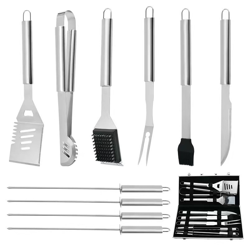 BBQ Barbecue Tool Set Outdoor Iron Plate Barbecue Scraper Fork Clamp Full Set Aluminum Box