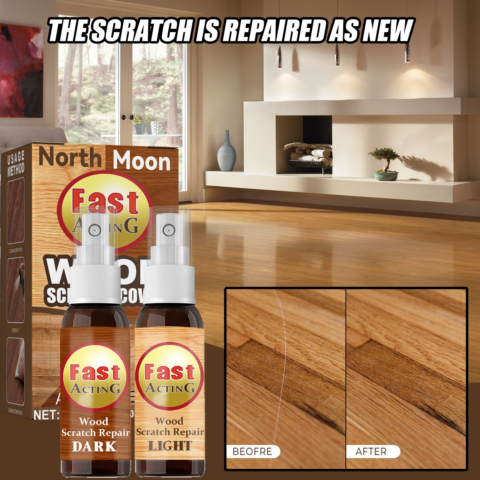 Wood flooring agent, scratch and color make-up spray, furniture, floor renovation, polishing, waxing and paint repair