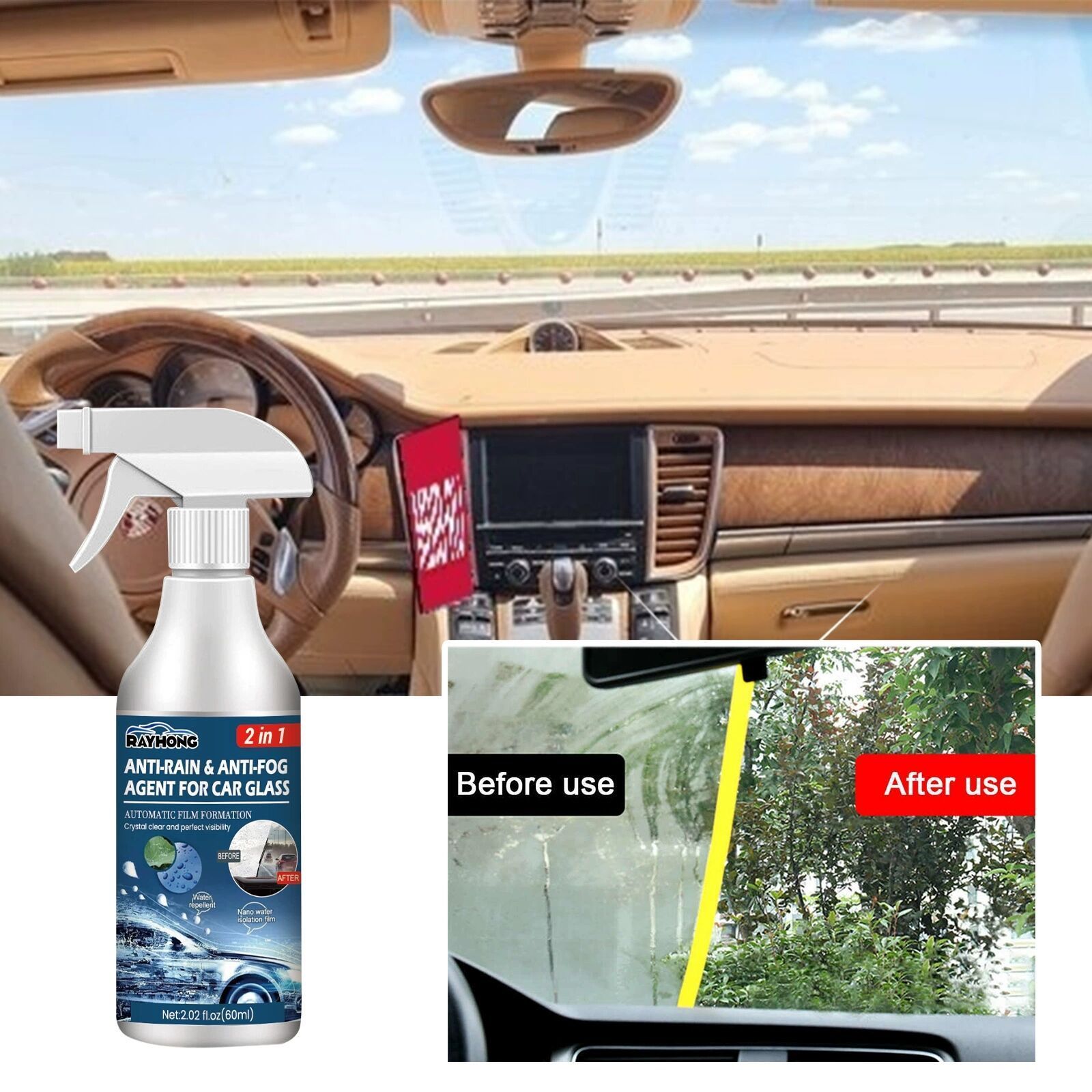 Rayhong skylight side glass cleaning 2 in 1 anti-rain&anti-fog agent for car glass 60ml car windshield anti fog spray