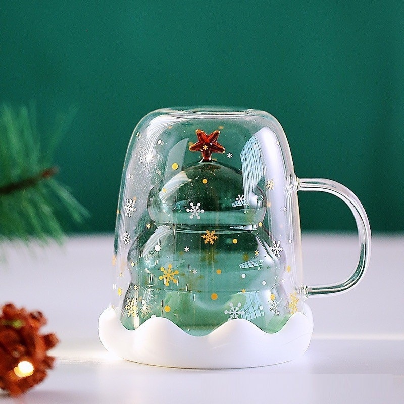 Christmas Wishing Cup ins Cartoon Double Layer Cup Cute Gift Cup with Cover Home Double Layer Glass OEM Customized