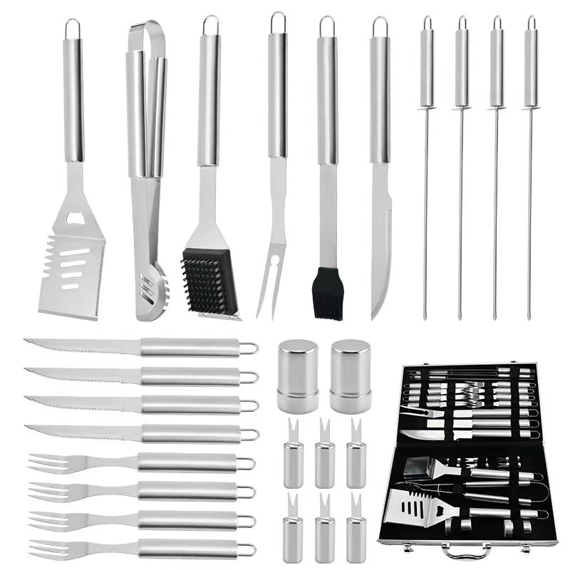 BBQ Barbecue Tool Set Outdoor Iron Plate Barbecue Scraper Fork Clamp Full Set Aluminum Box