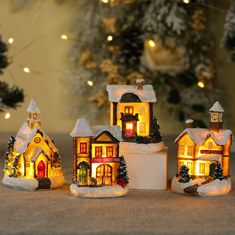 2023 Resin Christmas Village House Christmas snow room luminous decoration cute resin gift decor ornaments