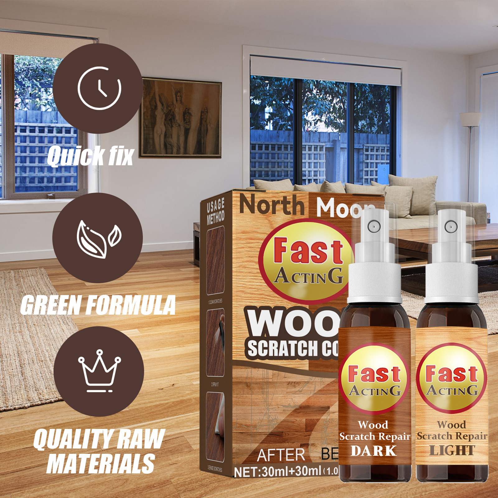 Wood flooring agent, scratch and color make-up spray, furniture, floor renovation, polishing, waxing and paint repair