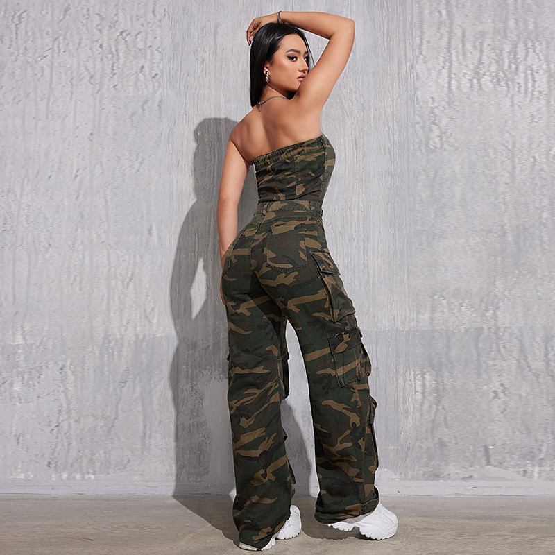 TWOTWINSTYLE Camouflage Cargo Jumpsuits Strapless Sleeveless High Waist sexy Jumpsuits For Women