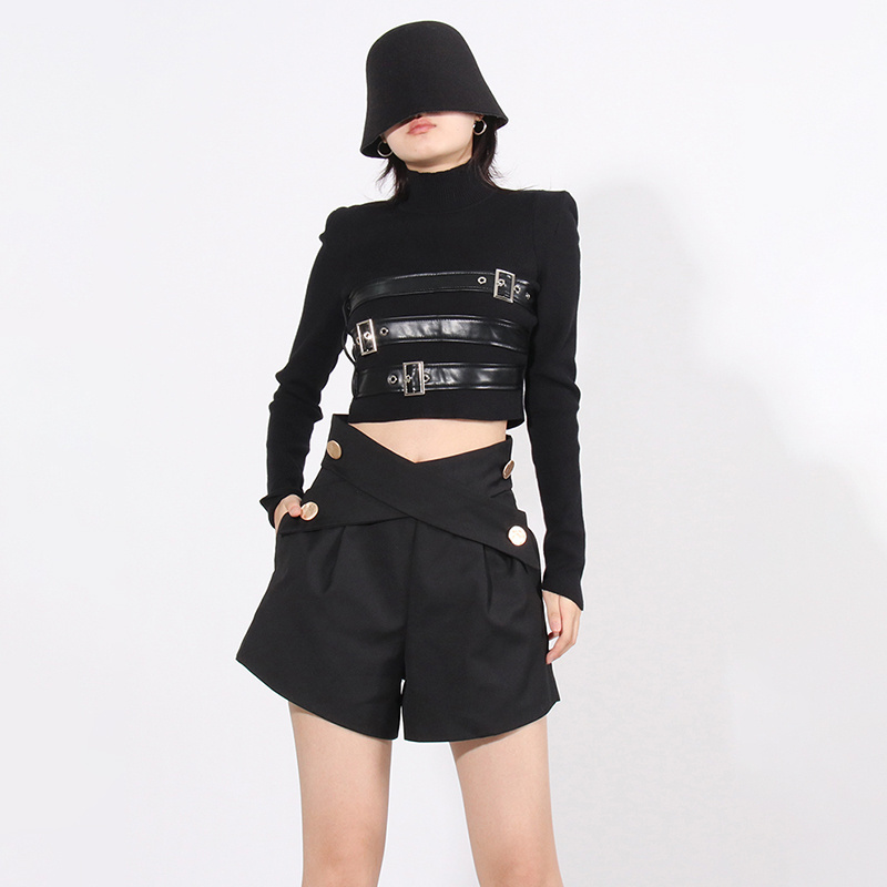 TWOTWINSTYLE New Fashion Pullover Sweater Patchwork Leather Belts Short Sweaters For Women