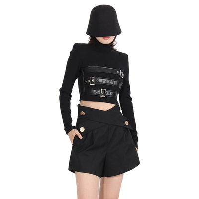 TWOTWINSTYLE New Fashion Pullover Sweater Patchwork Leather Belts Short Sweaters For Women