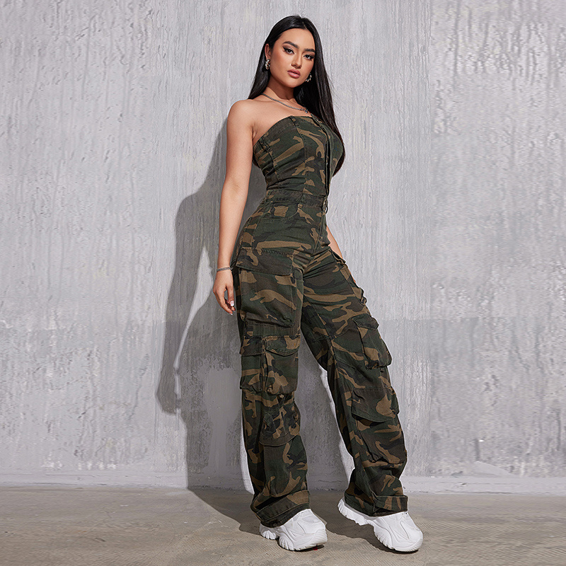 TWOTWINSTYLE Camouflage Cargo Jumpsuits Strapless Sleeveless High Waist sexy Jumpsuits For Women