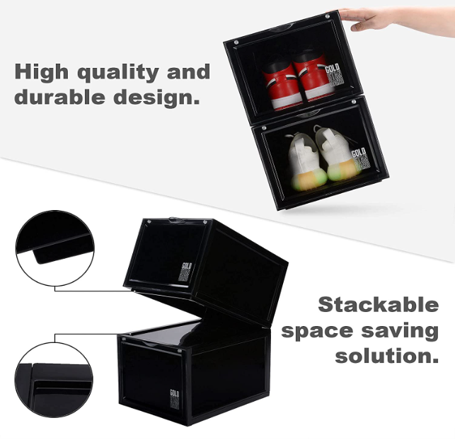 Acrylic Black Shoe Boxes Stackable Magnetic Drop Front With Clear Door Display Case Foldable Plastic Shoe Storage Box