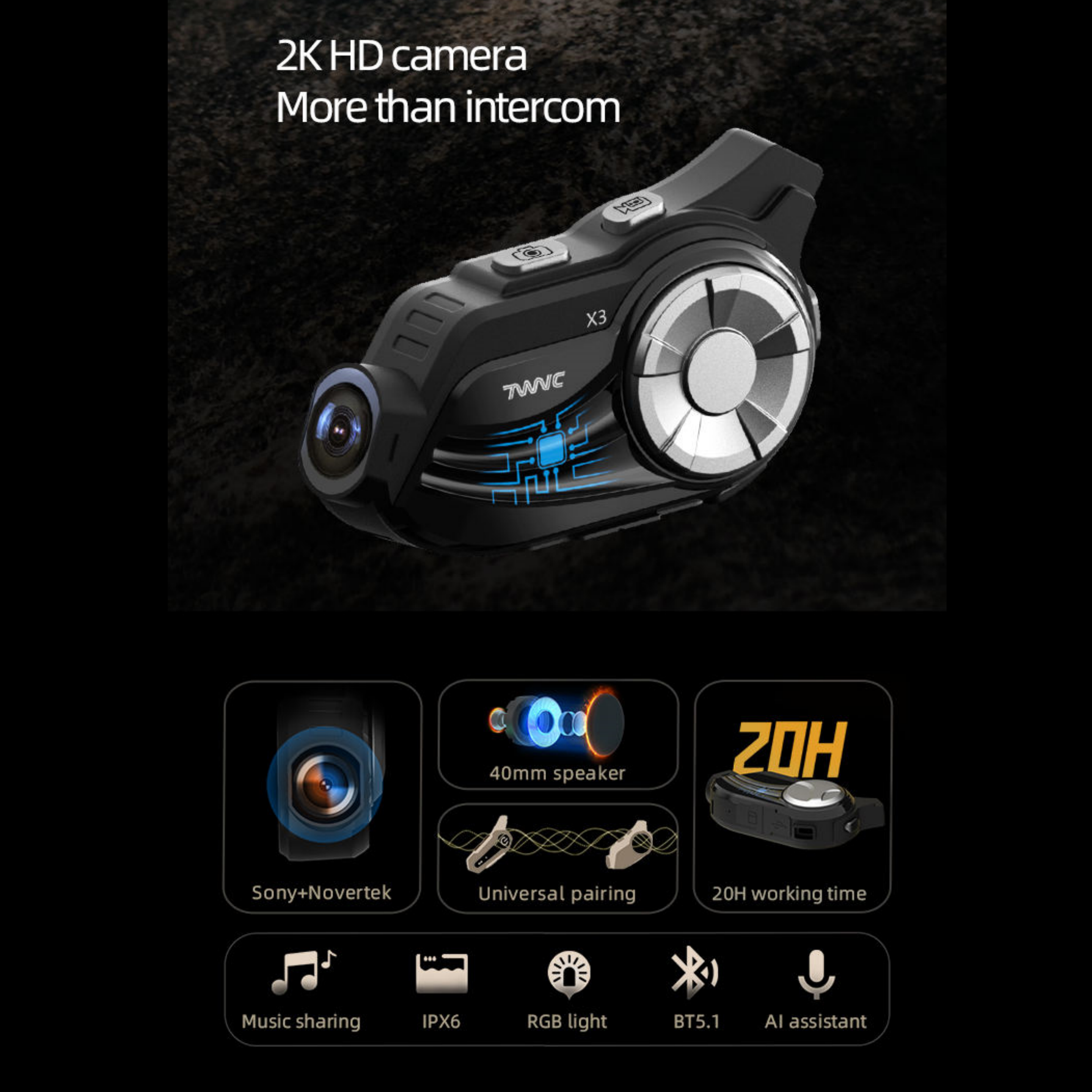 2K Bluetooth motorcycle intercom with camera motorcycle helmet built in camera and bluetooth can connect with Ejeas Freedconn