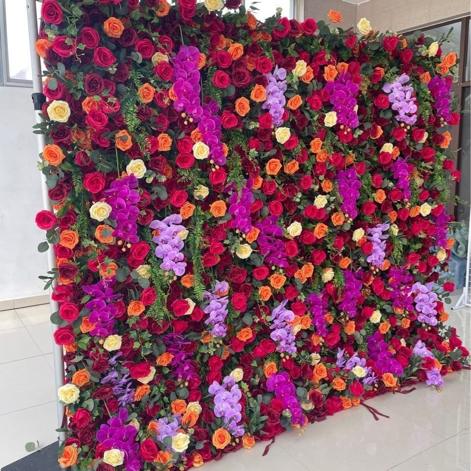 MF-L564Customized Wedding Decor 3D Roll Up Cloth Flower Walls Panel Backdrop Rose Peony Silk Artificial Flower Wall For Party Wa