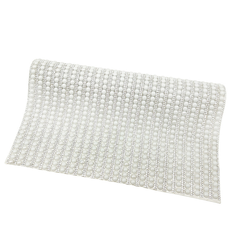 Tongshin Pearls Crystals Rhinestone Mesh Sheet Hotfix Glue Sheets for Rhinestones with Shoes Cap Decoration