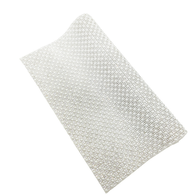 Tongshin Pearls Crystals Rhinestone Mesh Sheet Hotfix Glue Sheets for Rhinestones with Shoes Cap Decoration