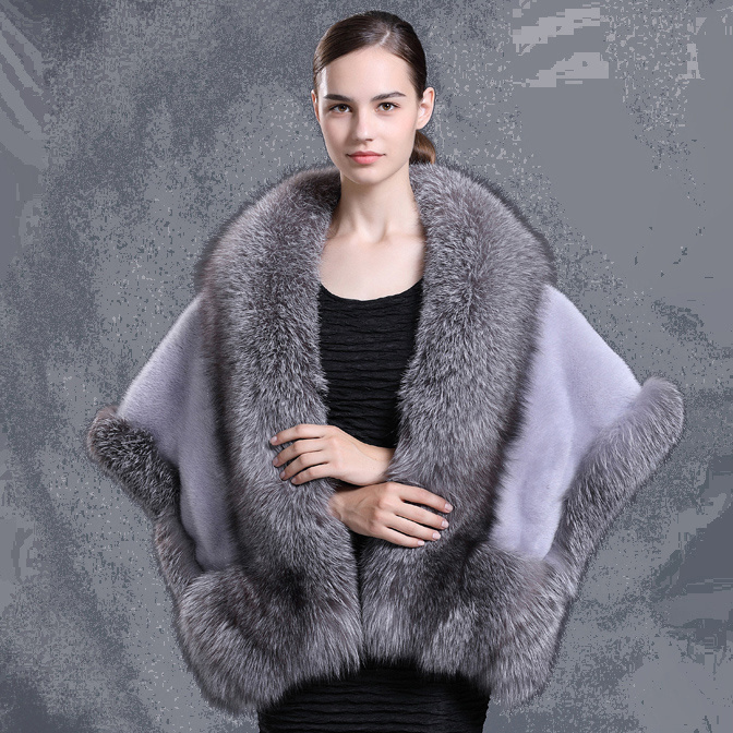 CX-B-M-05T Ladies' Genuine Fox Fur Trim Mink Fur Cape Real Fur Shawl