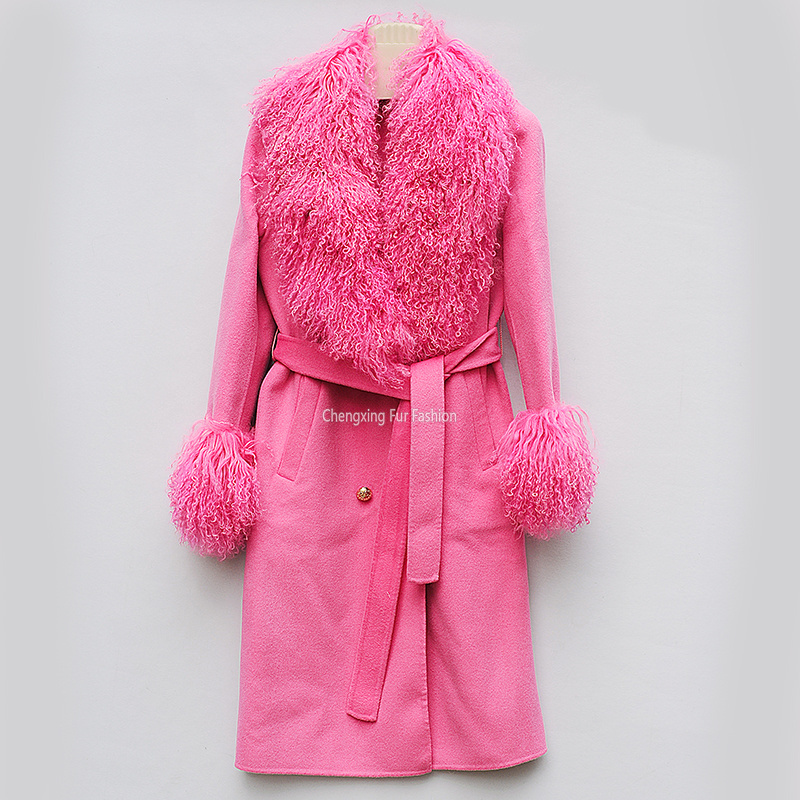 CX-G-T-47B Real Mongolian Lamb Fur Collar Cuffs Winter Jacket with Belt New Double Faced Women Cashmere Coat