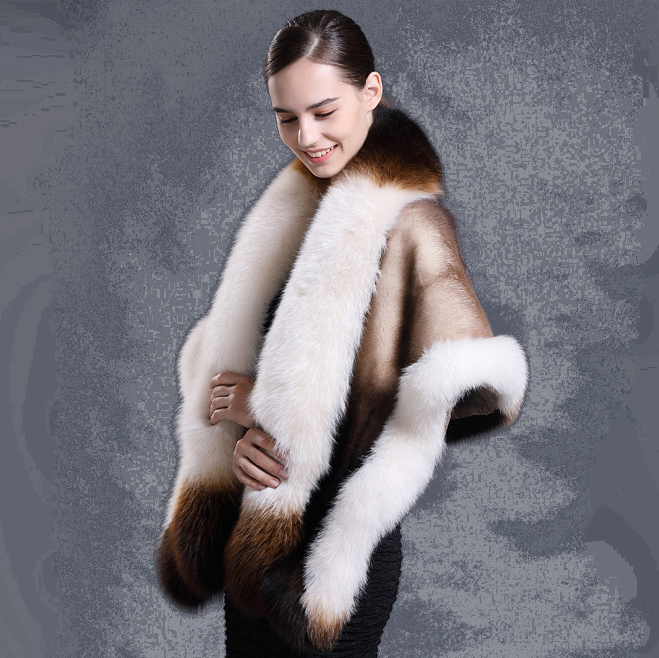 CX-B-M-05T Ladies' Genuine Fox Fur Trim Mink Fur Cape Real Fur Shawl