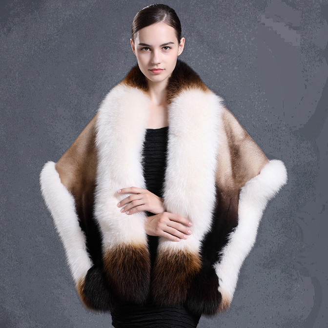 CX-B-M-05T Ladies' Genuine Fox Fur Trim Mink Fur Cape Real Fur Shawl