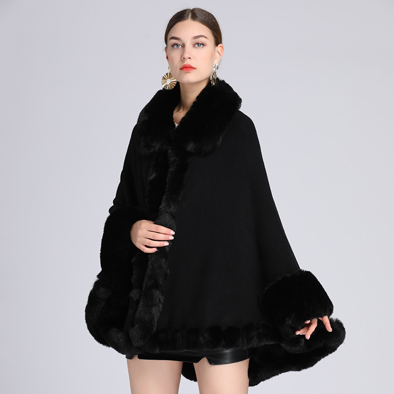 CX-F-S-25A Wholesale Winter Knit Oversize Plaid Knitted Fleece Polyester Acrylic Blend Faux Fur Ponchos for Women