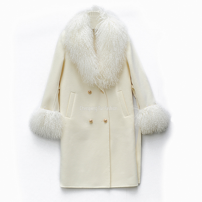 CX-G-T-47B Real Mongolian Lamb Fur Collar Cuffs Winter Jacket with Belt New Double Faced Women Cashmere Coat