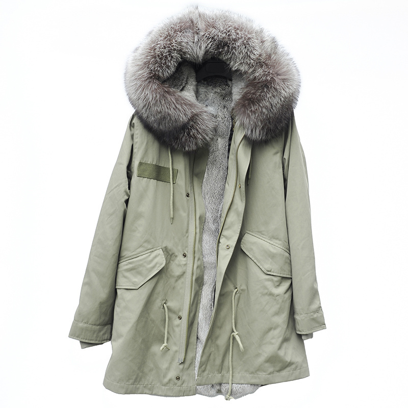 CX-G-P-17A Sliver Fox Fur Hooded Jacket Winter Outwear Real Rabbit Fur Lined Parka Coat for Women