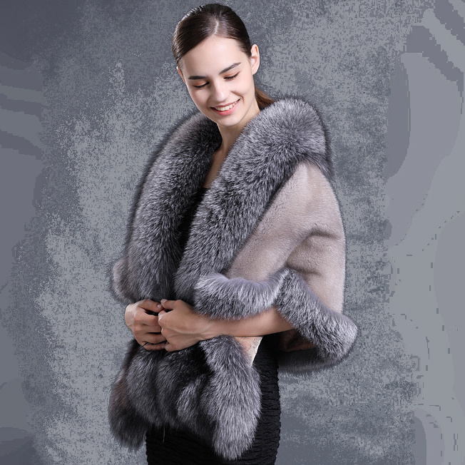 CX-B-M-05N Ladies' Genuine Mink Fur Cape Real Fur Shawl