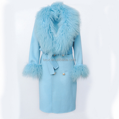 CX-G-T-47B Real Mongolian Lamb Fur Collar Cuffs Winter Jacket with Belt New Double Faced Women Cashmere Coat