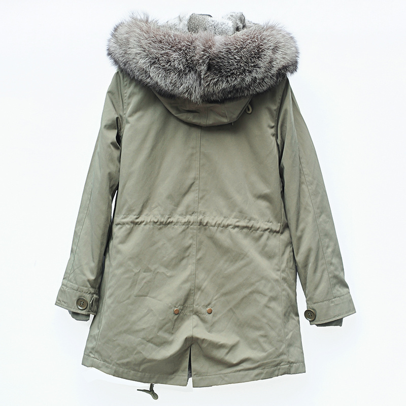 CX-G-P-17A Sliver Fox Fur Hooded Jacket Winter Outwear Real Rabbit Fur Lined Parka Coat for Women