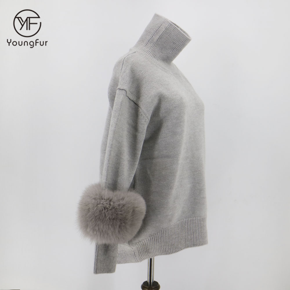 2021 Fashionable 100%  Cashmere Women's Sweaters Winter Warm Knitted Ladies Custom Luxury Cashmere Sweater With Fur Cuff