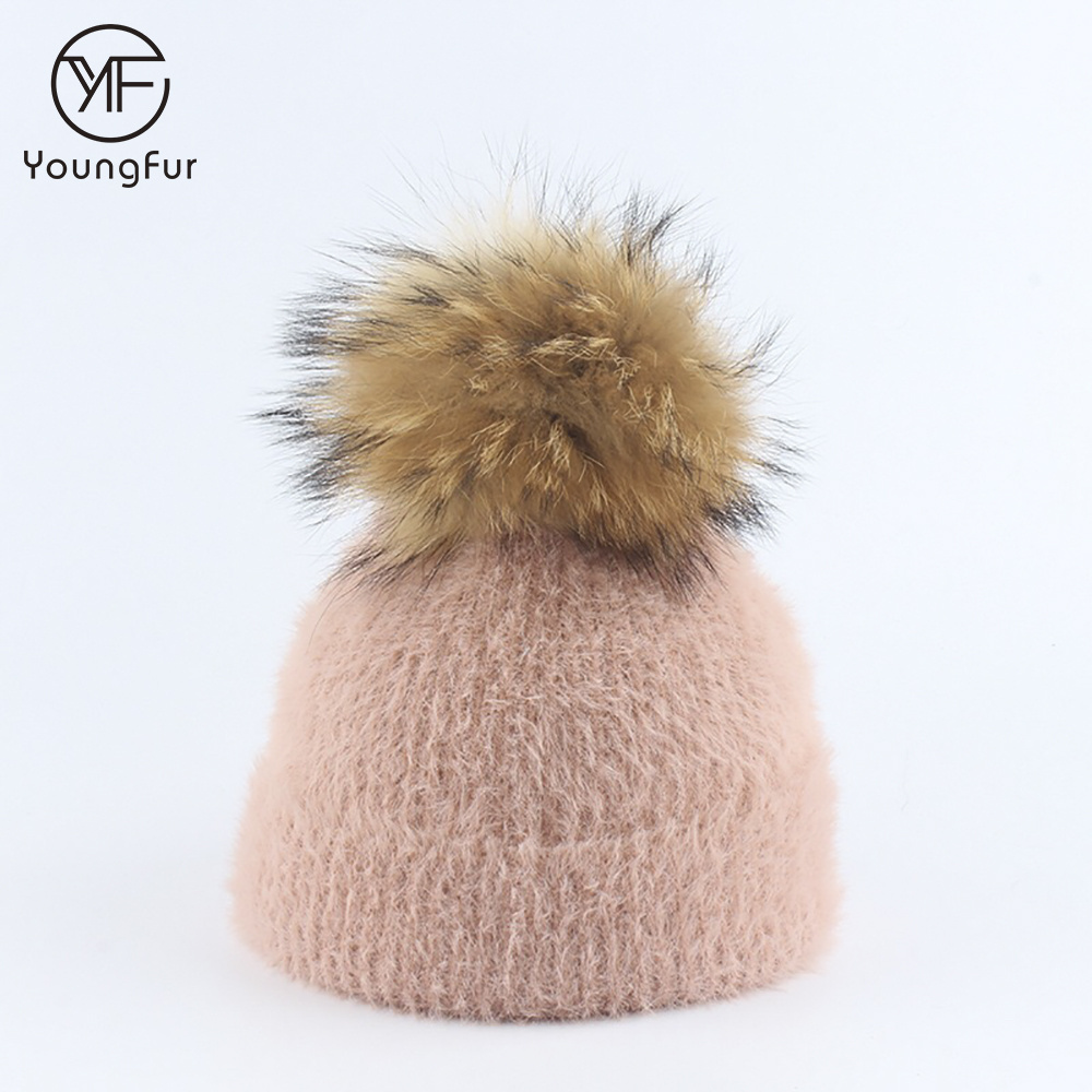 Factory Wholesale Winter Raccoon Fur Knitted Imitate Mink Fur Hat For Children